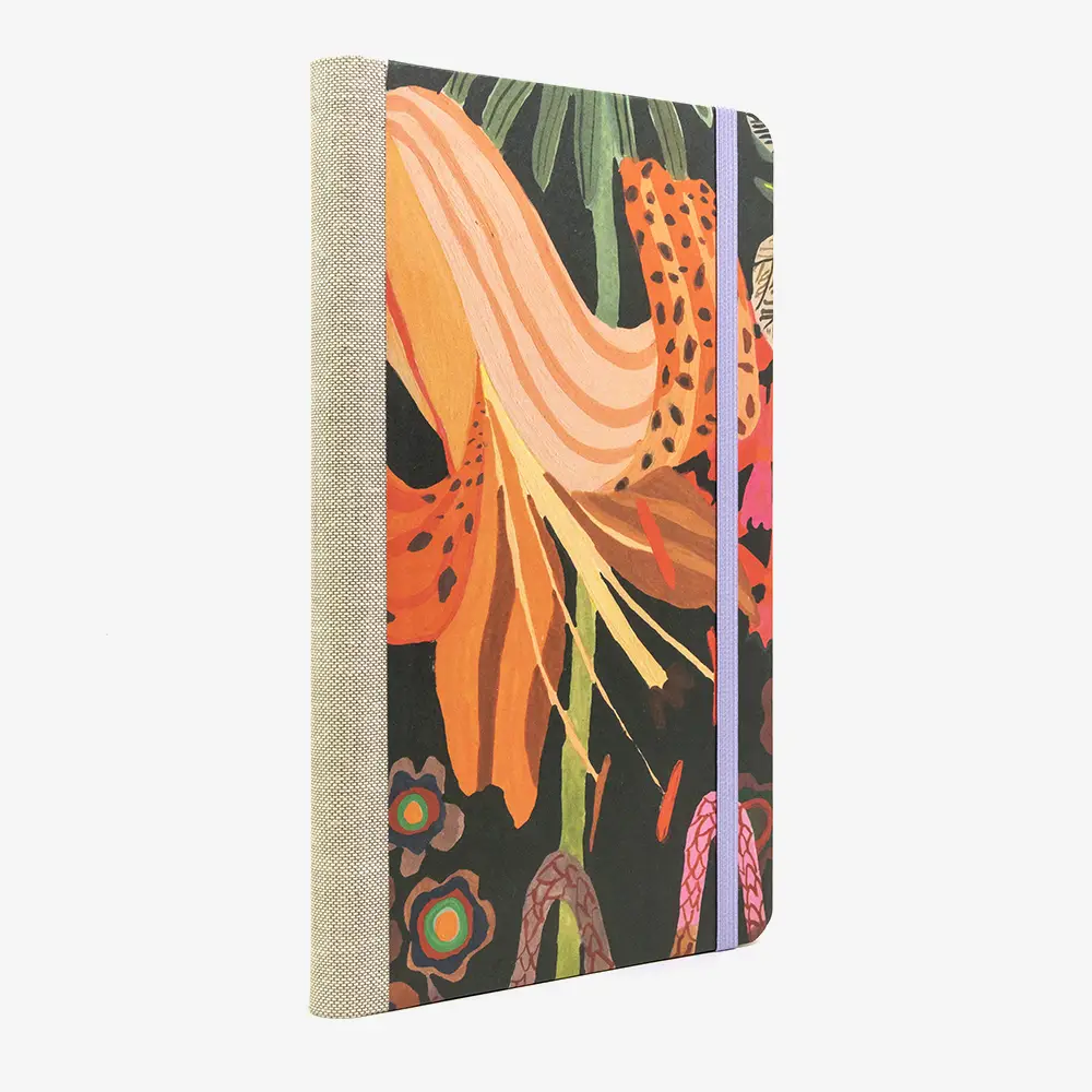 Notizbuch-liniert-13x21cm-Offset-192-Seiten-Motiv-grosse-Blume-auf-schwearz-cover-seitlich-von-hinten