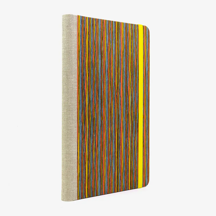 Notizbuch-liniert-13x21cm-Siebdruckpapier-192-Seiten-Motiv-Streifen-gelb-orange-blau-cover-seitlich-von-hinten