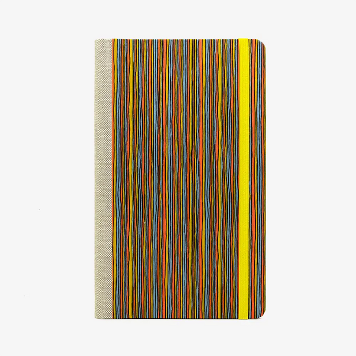 Notizbuch-liniert-13x21cm-Siebdruckpapier-192-Seiten-Motiv-Streifen-gelb-orange-blau-cover-von-Vorn