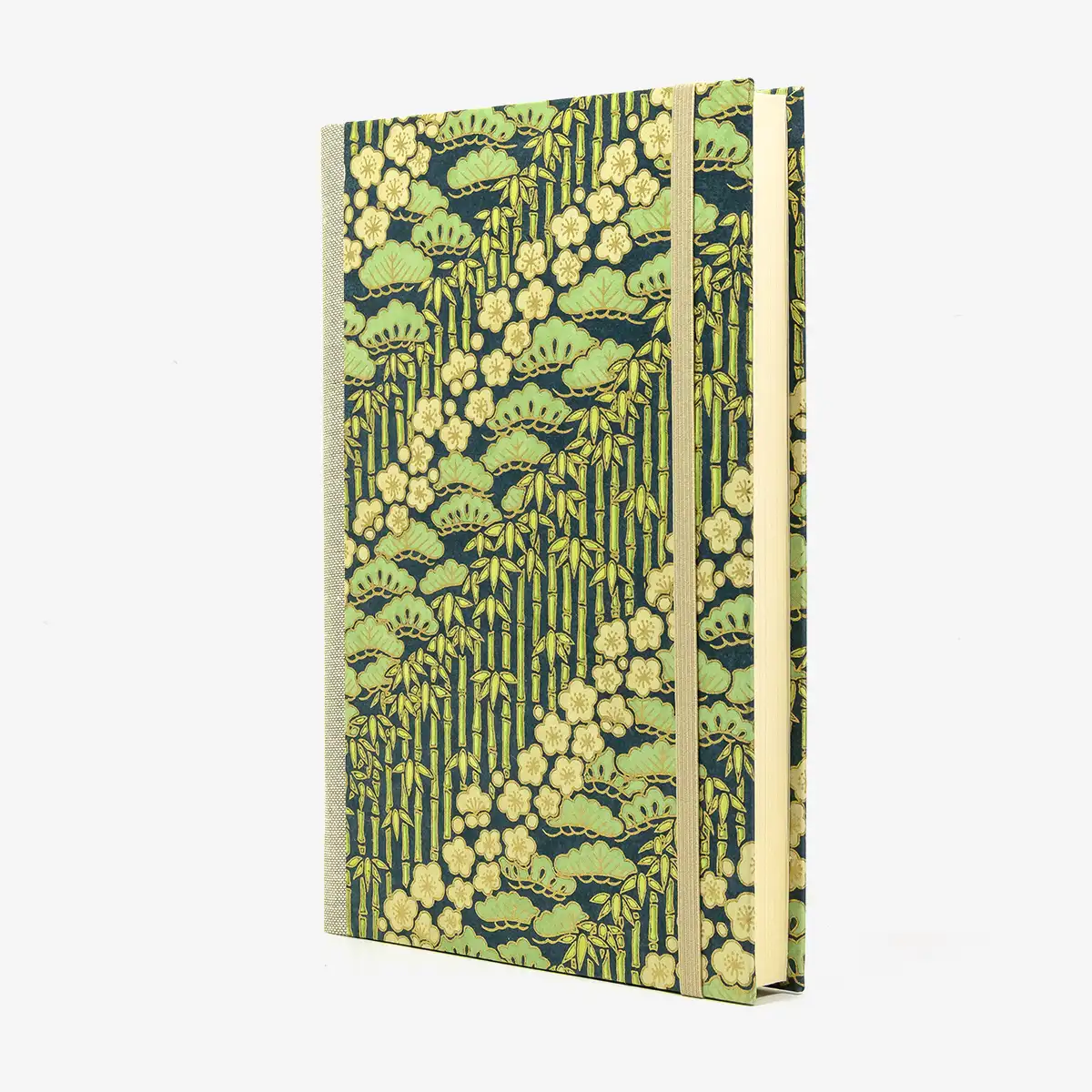 Notizbuch-liniert-A5-288Seiten-cover-lokta-Papier-Motiv-Bambus-gruen-mit-Gold-seitlich-von-vorn