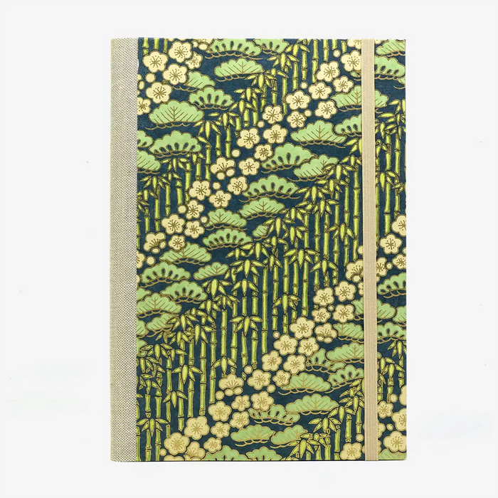 Notizbuch-liniert-A5-288Seiten-cover-lokta-Papier-Motiv-Bambus-gruen-mit-Gold