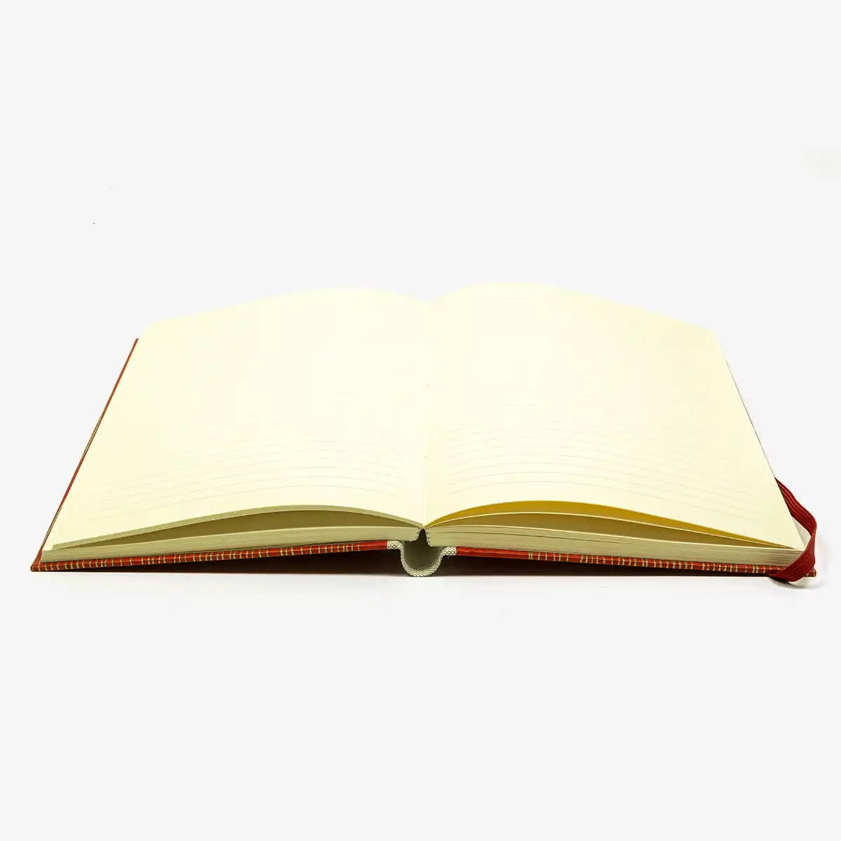 Notizbuch-liniert-A5-288Seiten-cover-lokta-Papier-Motiv-goldene-linien-auf-Rot-innenansicht