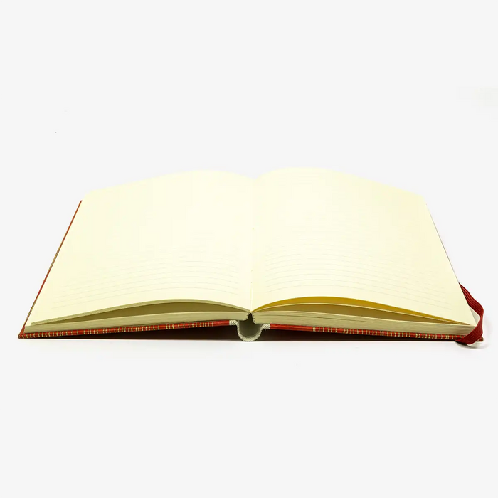 Notizbuch-liniert-A5-288Seiten-cover-lokta-Papier-Motiv-goldene-linien-auf-Rot-innenansicht