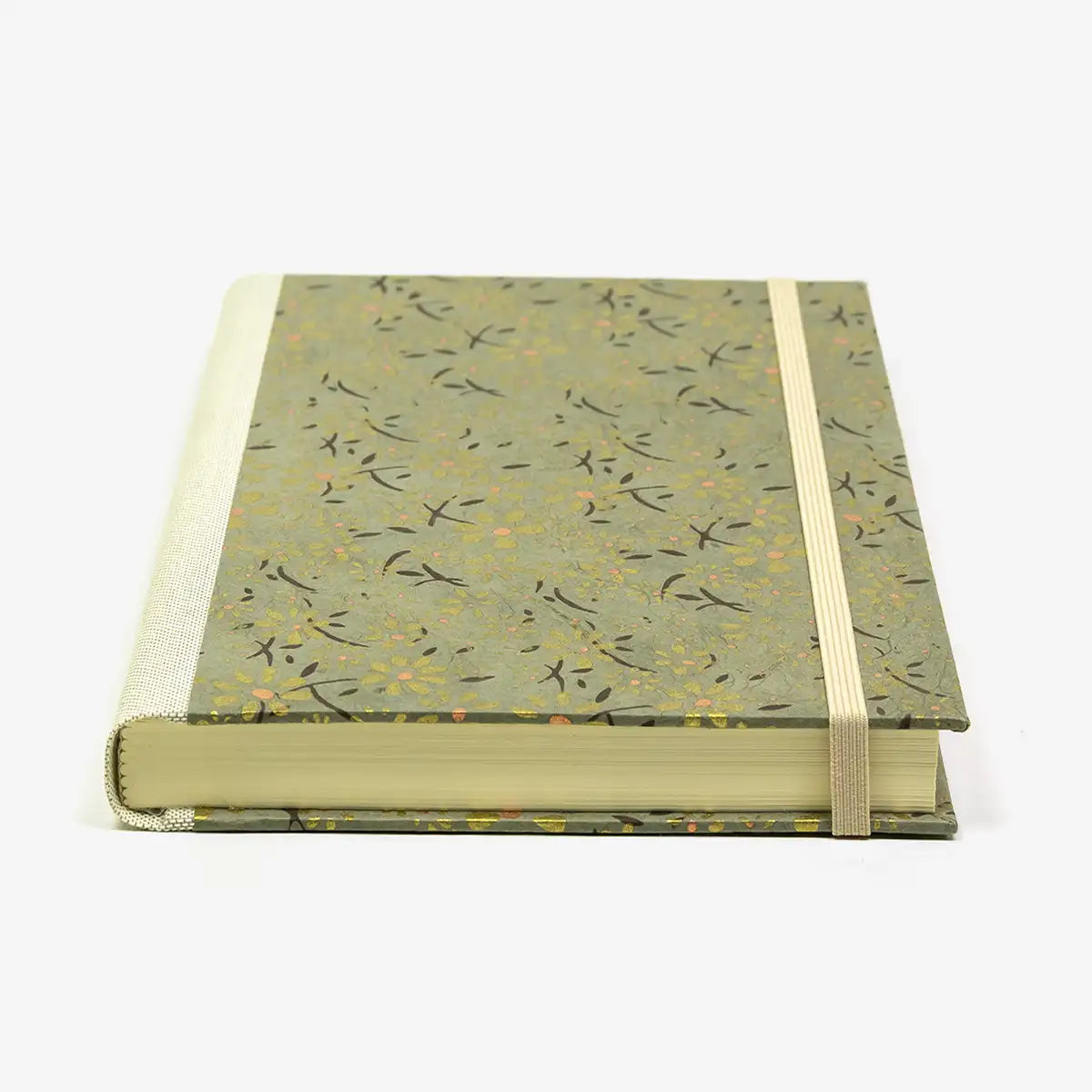 Notizbuch-liniert-A5-288Seiten-cover-lokta-Papier-blumen-Gold-auf-grau-liegend