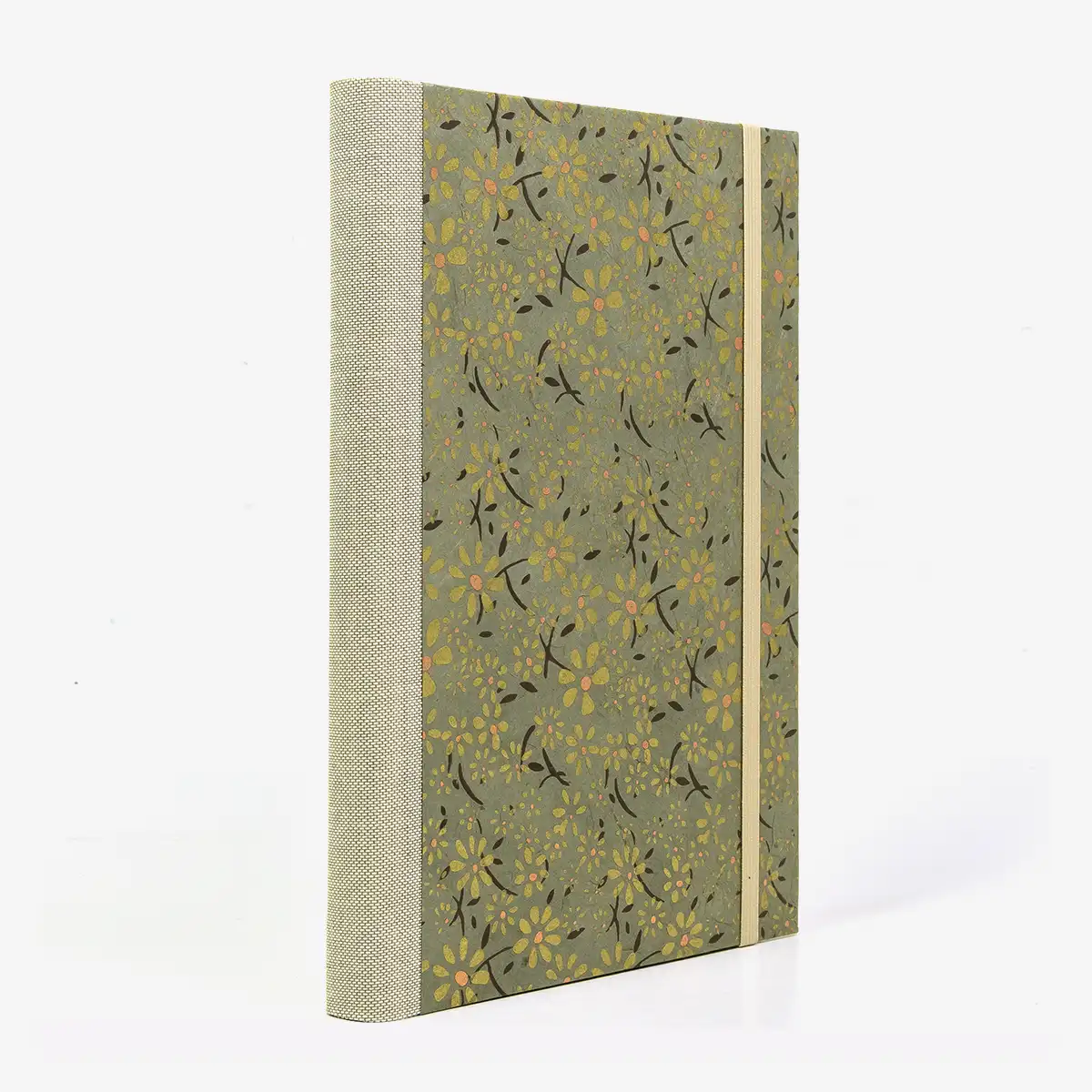 Notizbuch-liniert-A5-288Seiten-cover-lokta-Papier-blumen-Gold-auf-grau-seitlich-von-hinten