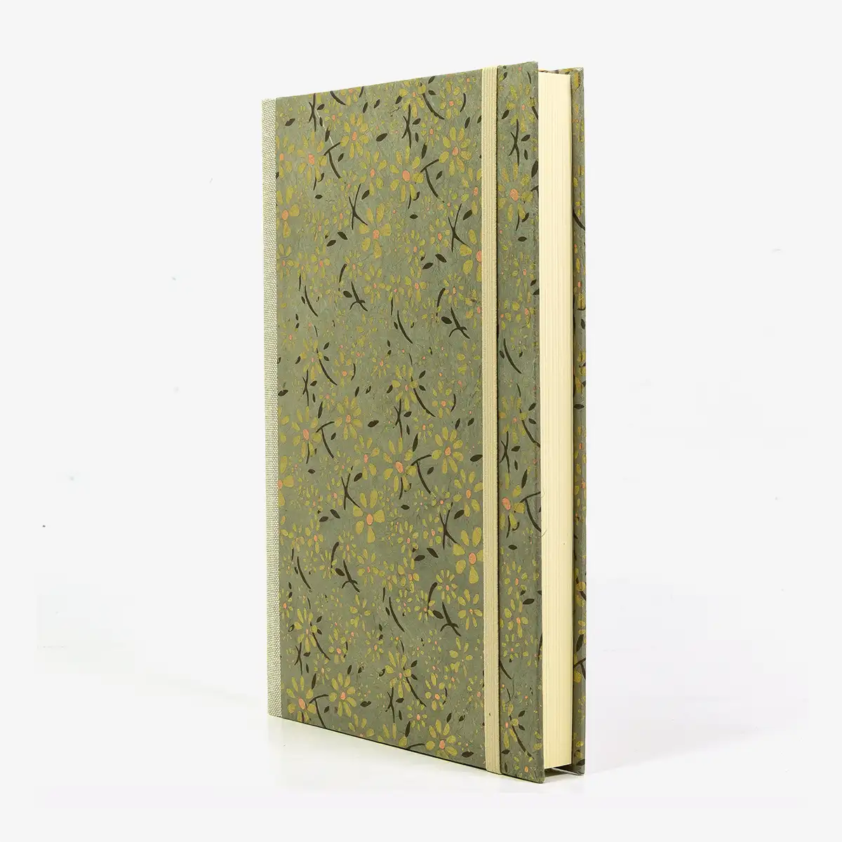Notizbuch-liniert-A5-288Seiten-cover-lokta-Papier-blumen-Gold-auf-grau-seitlich-von-vorn