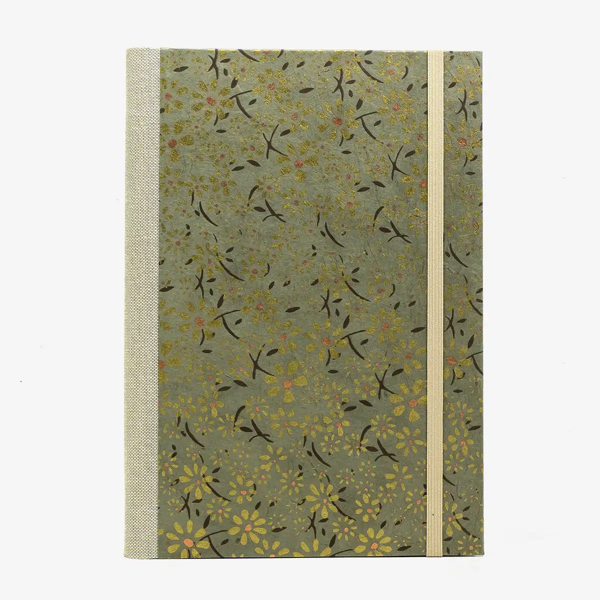 Notizbuch-liniert-A5-288Seiten-cover-lokta-Papier-blumen-Gold-auf-grau