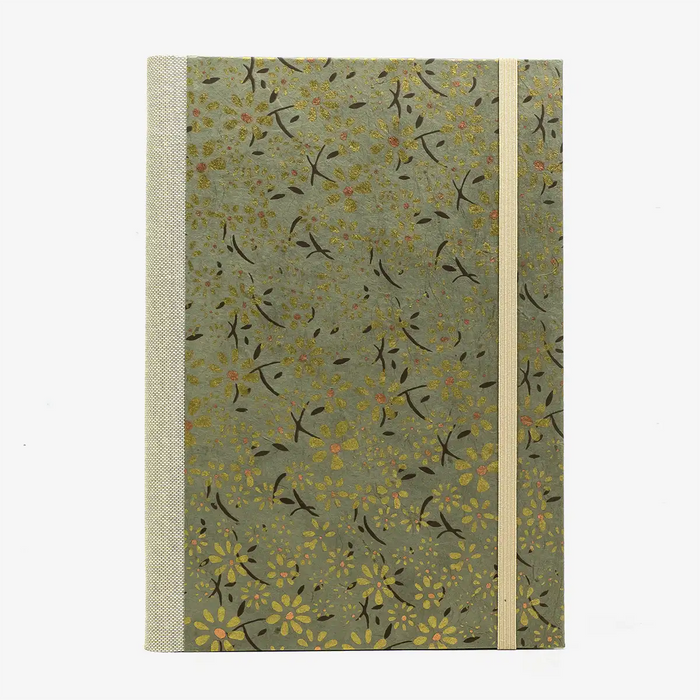 Notizbuch-liniert-A5-288Seiten-cover-lokta-Papier-blumen-Gold-auf-grau