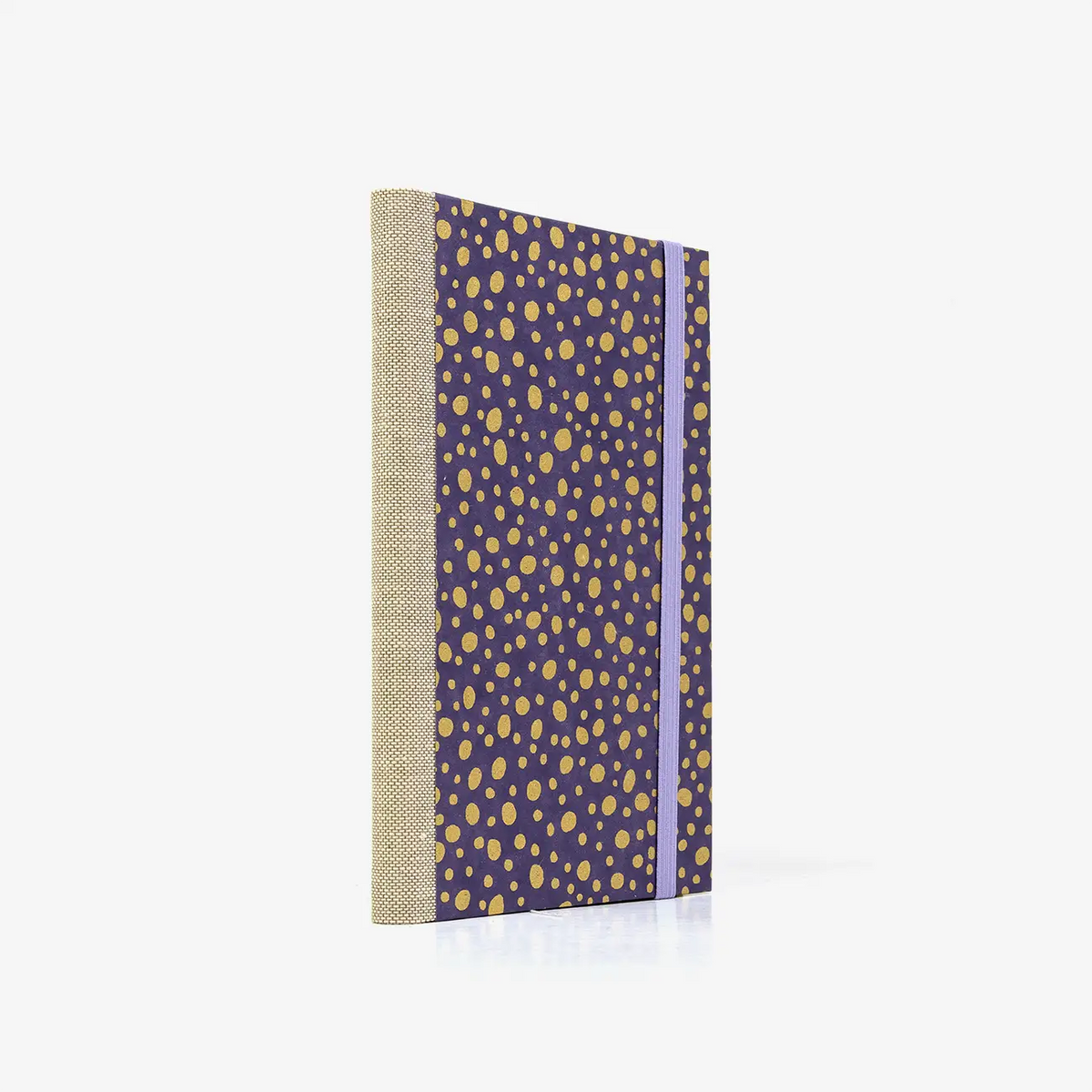 Notizbuch-liniert-A6-Blaupause-144seiten-mit-Chiyogami-cover-bezogen-Motiv-Dots-gold-on-purple-cover-seitlich-von-hinten