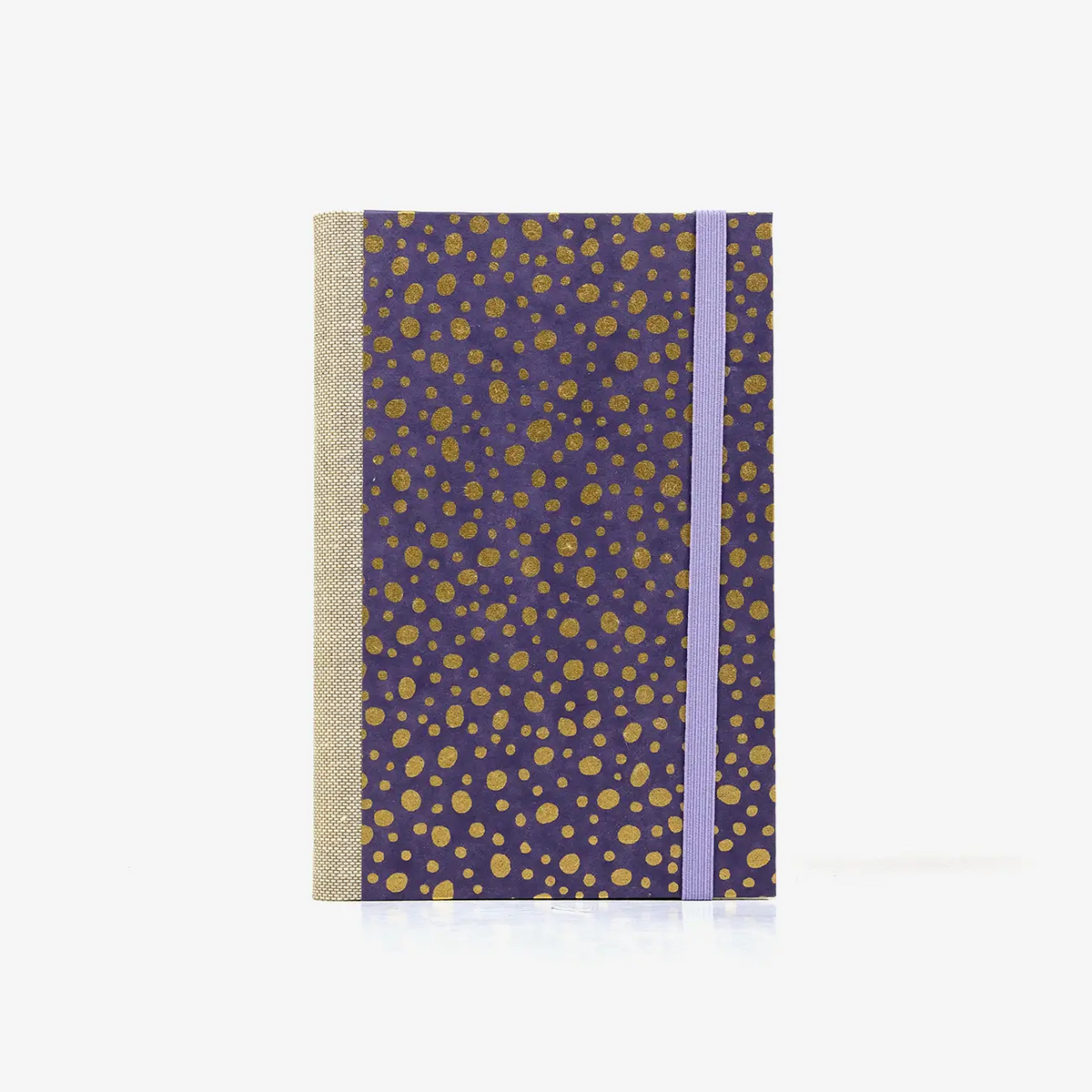 Notizbuch-liniert-A6-Blaupause-144seiten-mit-Chiyogami-cover-bezogen-Motiv-Dots-gold-on-purple-cover-von-vorn