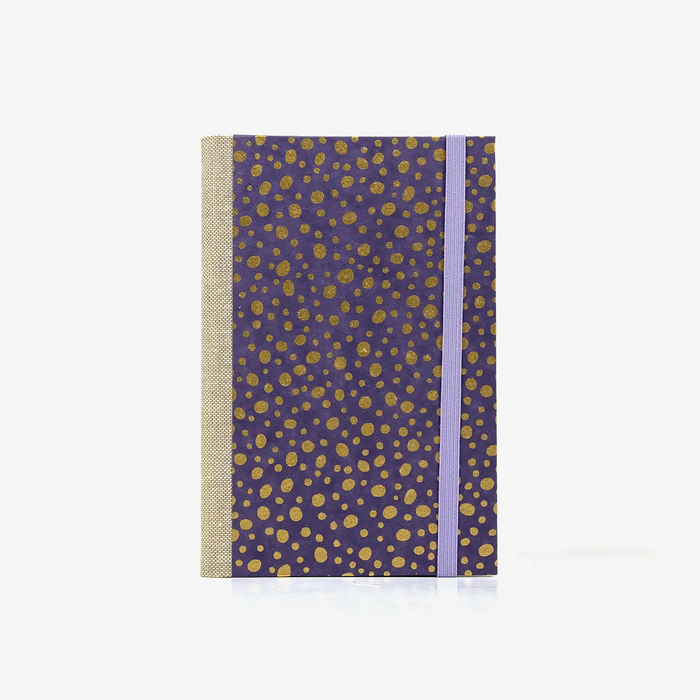 Notizbuch-liniert-A6-Blaupause-144seiten-mit-Chiyogami-cover-bezogen-Motiv-Dots-gold-on-purple-cover-von-vorn