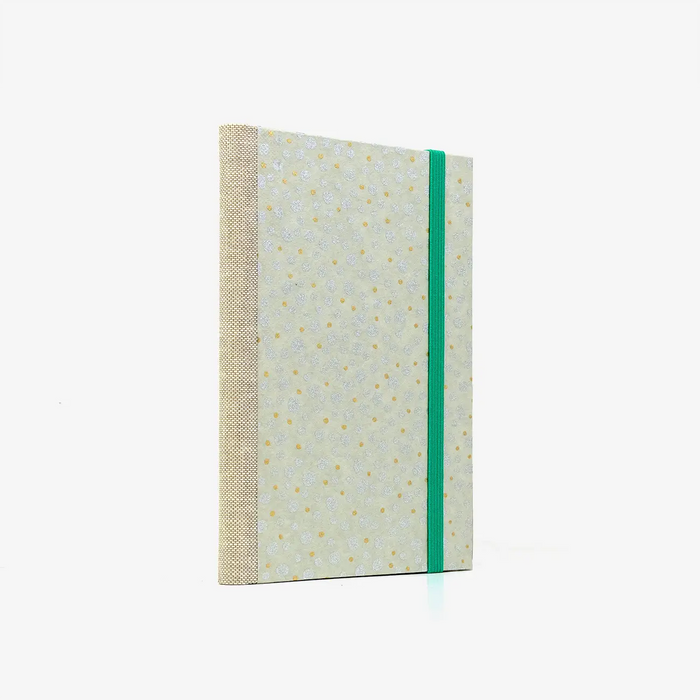 Notizbuch-liniert-A6-Blaupause-144seiten-mit-Chiyogami-cover-bezogen-Motiv-Dots-gold-silveron-gray-cover-seitlich-von-hinten