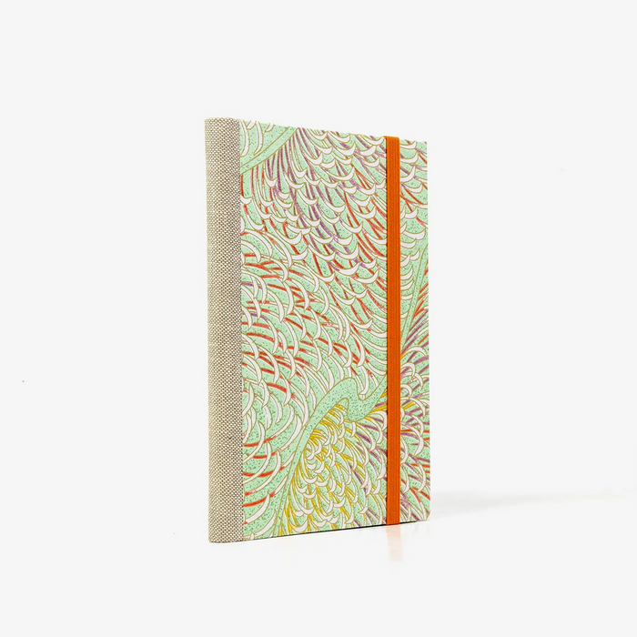 Notizbuch-liniert-A6-Blaupause-144seiten-mit-Chiyogami-cover-bezogen-Motiv-Macro-mint-cover-seitlich-von-hinten