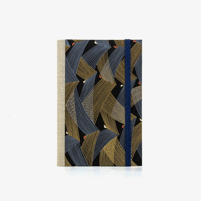 Notizbuch-liniert-A6-Blaupause-144seiten-mit-Chiyogami-cover-bezogen-Motiv-Saitenspiel-schwarz-cover-von-vorn