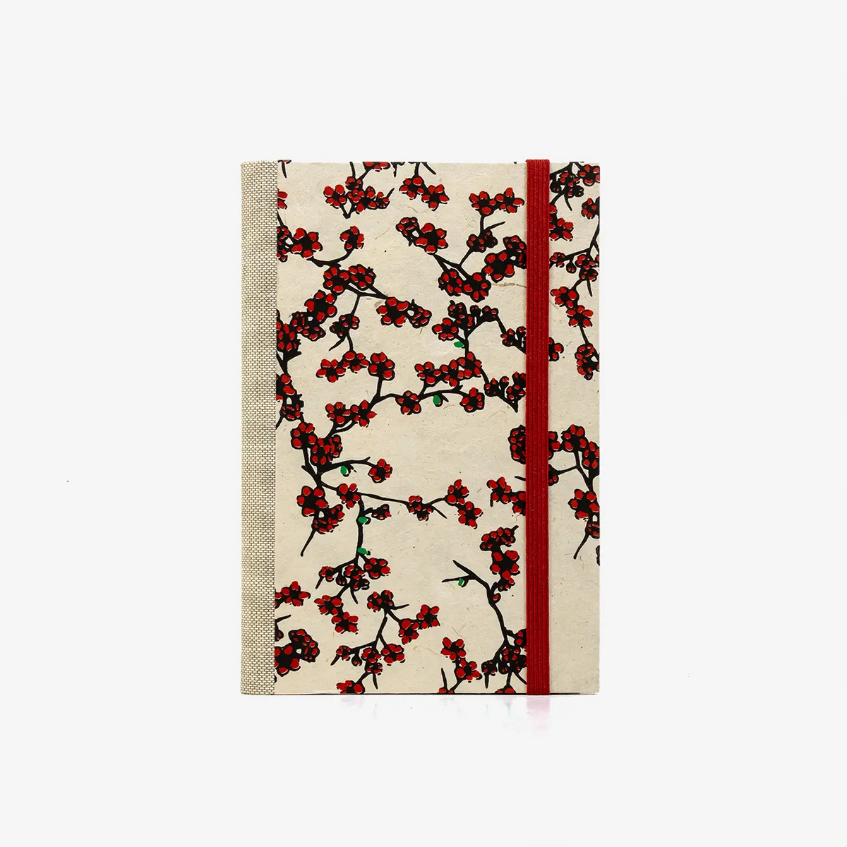 Notizbuch-liniert-A6-Blaupause-144seiten-mit-Lokta-Papier-cover-bezogen-Motiv-Kirschbluete-rot-cover-von-vorn