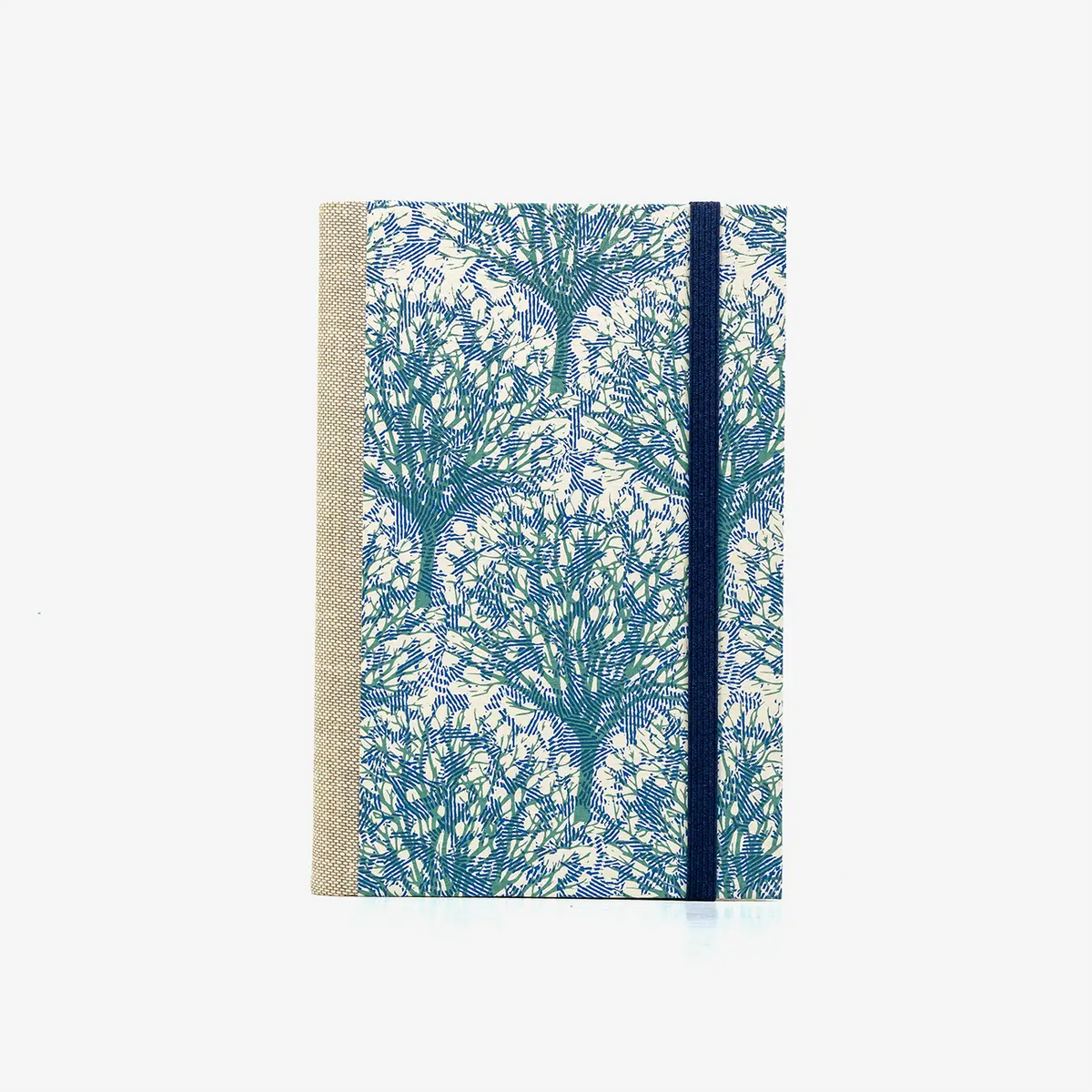 Notizbuch-liniert-A6-Blaupause-144seiten-mit-Siebdruckpapier--cover-bezogen-Motiv-Baum-gruen-Blau-cover-von-vorn