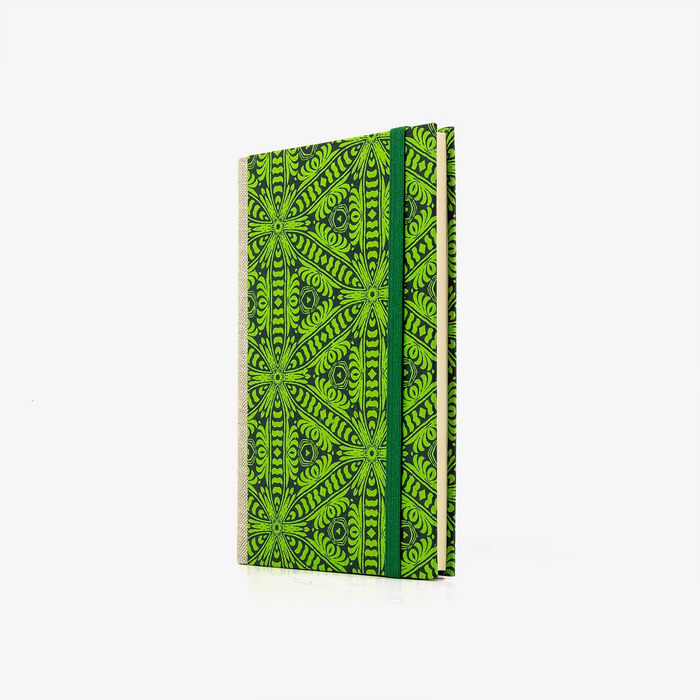 Notizbuch-liniert-A6-Blaupause-144seiten-mit-Siebdruckpapier--cover-bezogen-Motiv-Ornament-anthrazietaufgruen-cover-seitlich-von-vorn