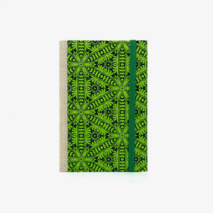 Notizbuch-liniert-A6-Blaupause-144seiten-mit-Siebdruckpapier--cover-bezogen-Motiv-Ornament-anthrazietaufgruen-cover-von-vorn