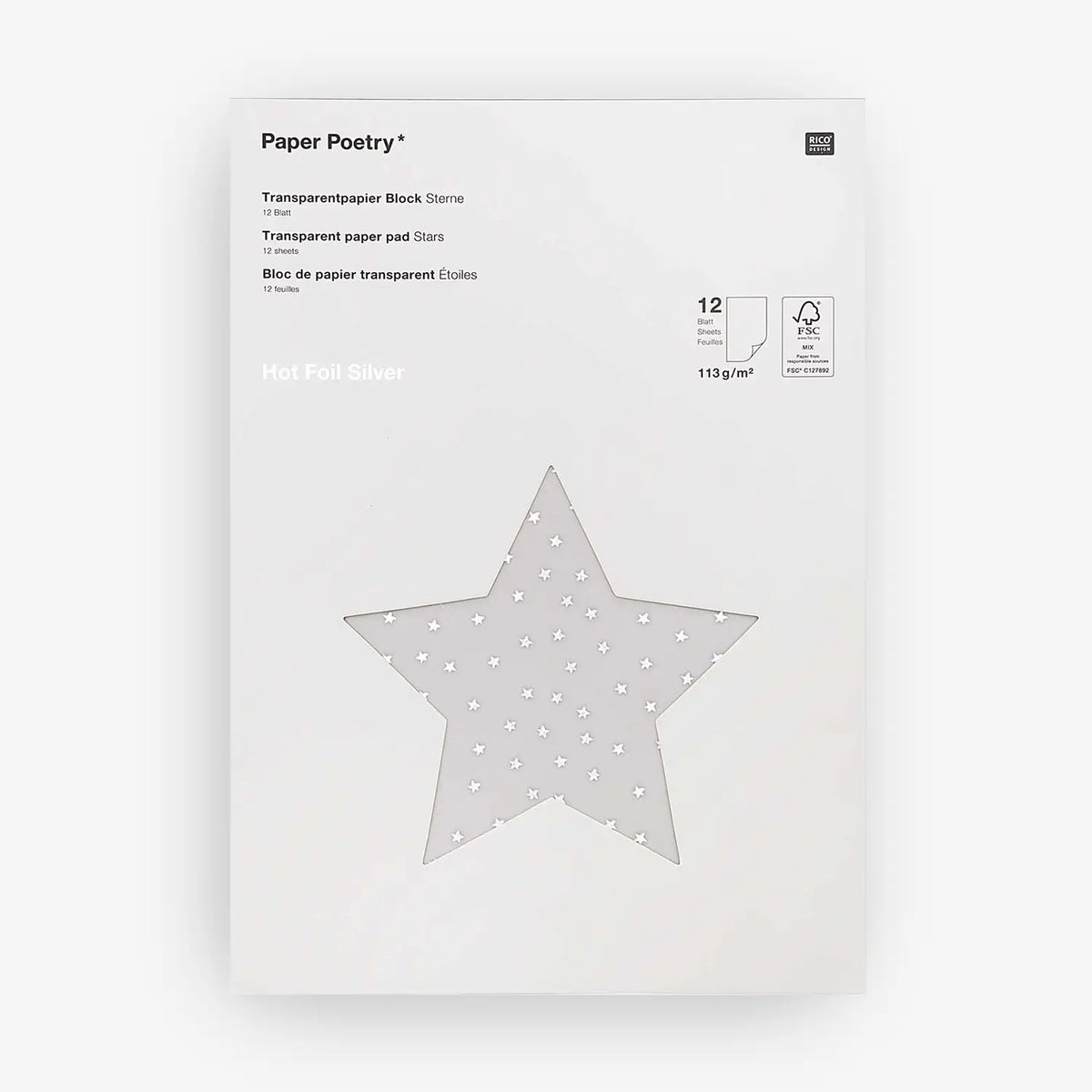 Paper-Poetry-Transparentpapierblock-Sterne-silber-21x29_5cm-12-Blatt-Cover-Block