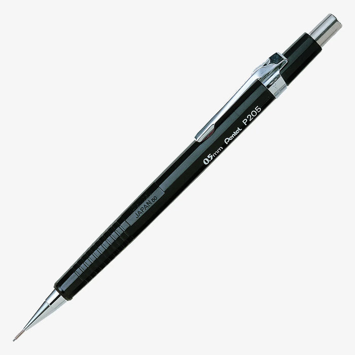 Druckbleistifte- Pentel-Sharp-205p-05mm-Hb-Mine-schwarz-Produktansicht-graue-hintergrundfarbe