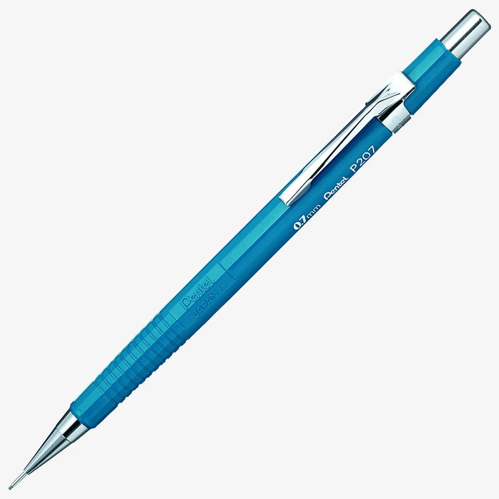 Druckbleistifte- Pentel-Sharp200-p207-07mm-blau-Produktansicht-grauer-Hintergrund