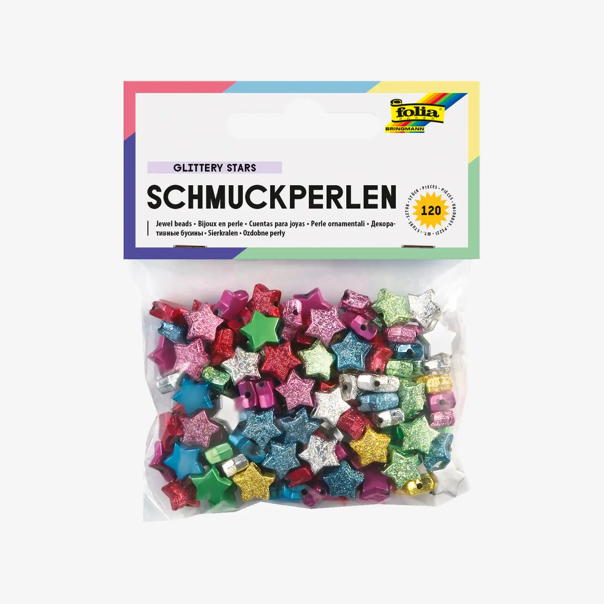 PerlenMix-120-Schmuckperlen-GLITTERY-STARS-glatt-und-gepraegt-Produktansicht-in-Verpackung