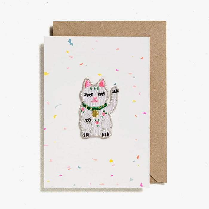 Grußkarte / Gestickte Winkekatze