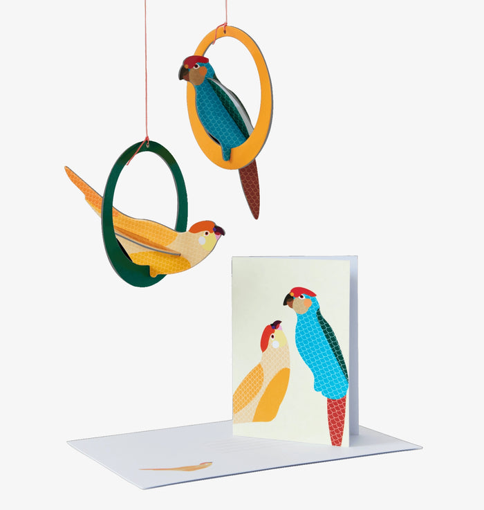 Popout-card-3dobject-Studio-roof-Parakeets-karte-und3objecte-aufgebaut-ansicht-1