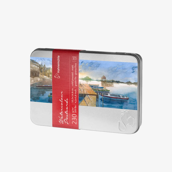Postkartenblock-Matt-A6-in-Metallbox-abgerundete-Ecken-30Stueck-von-Hahnemuehle-Produktansicht-Box-mit-cover-von-vorn