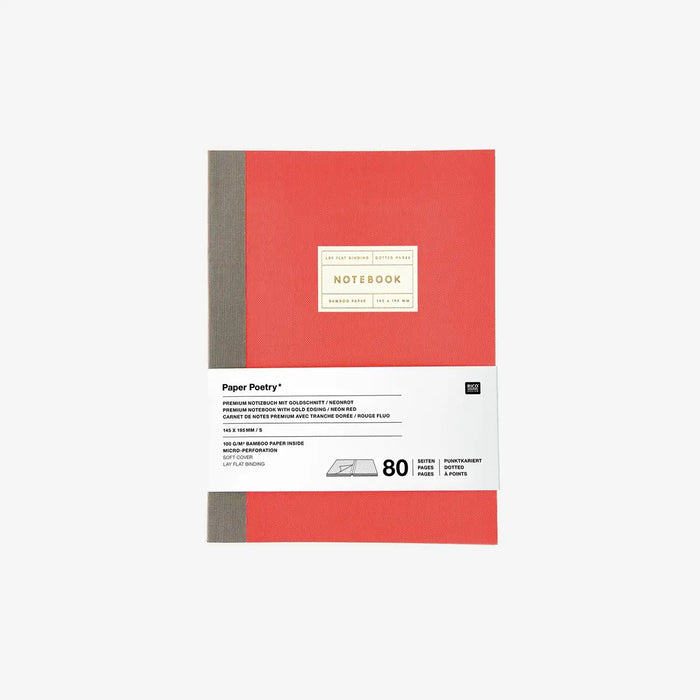 Rico-Design-Notizbuch-dotted-GroesseS-Neonrot-80Seiten-100gm2-Goldschnitt-cover-von-vorn-mit-Banderolle