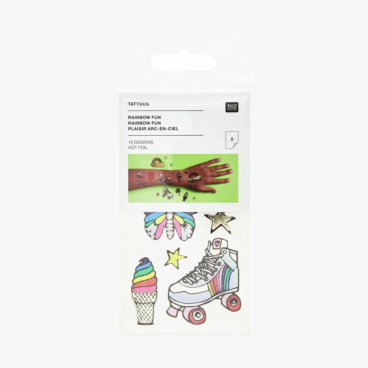 Rico-Design-Tattoos-Rainbow-Fun-19-teilig-2Boegen-Produktansicht-inVerpackung