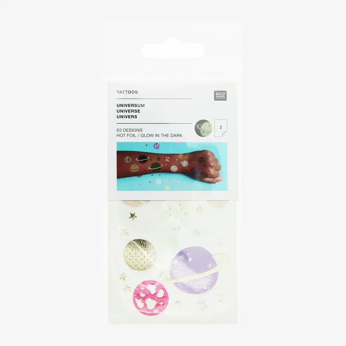 Rico-Design-Tattoos-Tattoos-Universum-63-teilig-2Boegen-Produktansicht-in-Verpackung