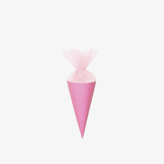 Schultüte / Zuckertüte / Rohling / mit Tüllverschluss und Glitter / 20cm / Pink