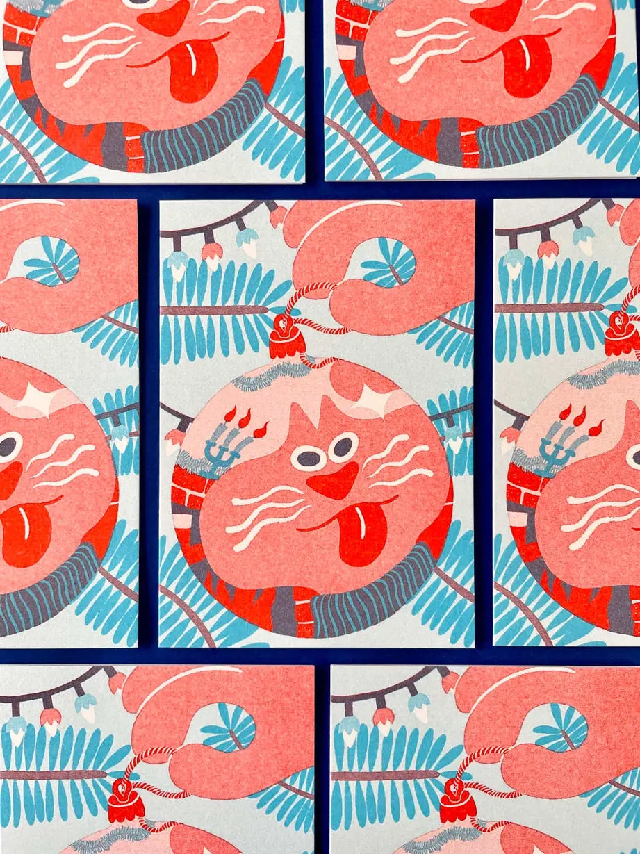 Riso-Klapp-grusskarte-mit-Umschlag-YUK-FUN-WeihnachtsKugel-KAtzen-Format-A6-Produktansicht-VieleKArten-Beispielfoto