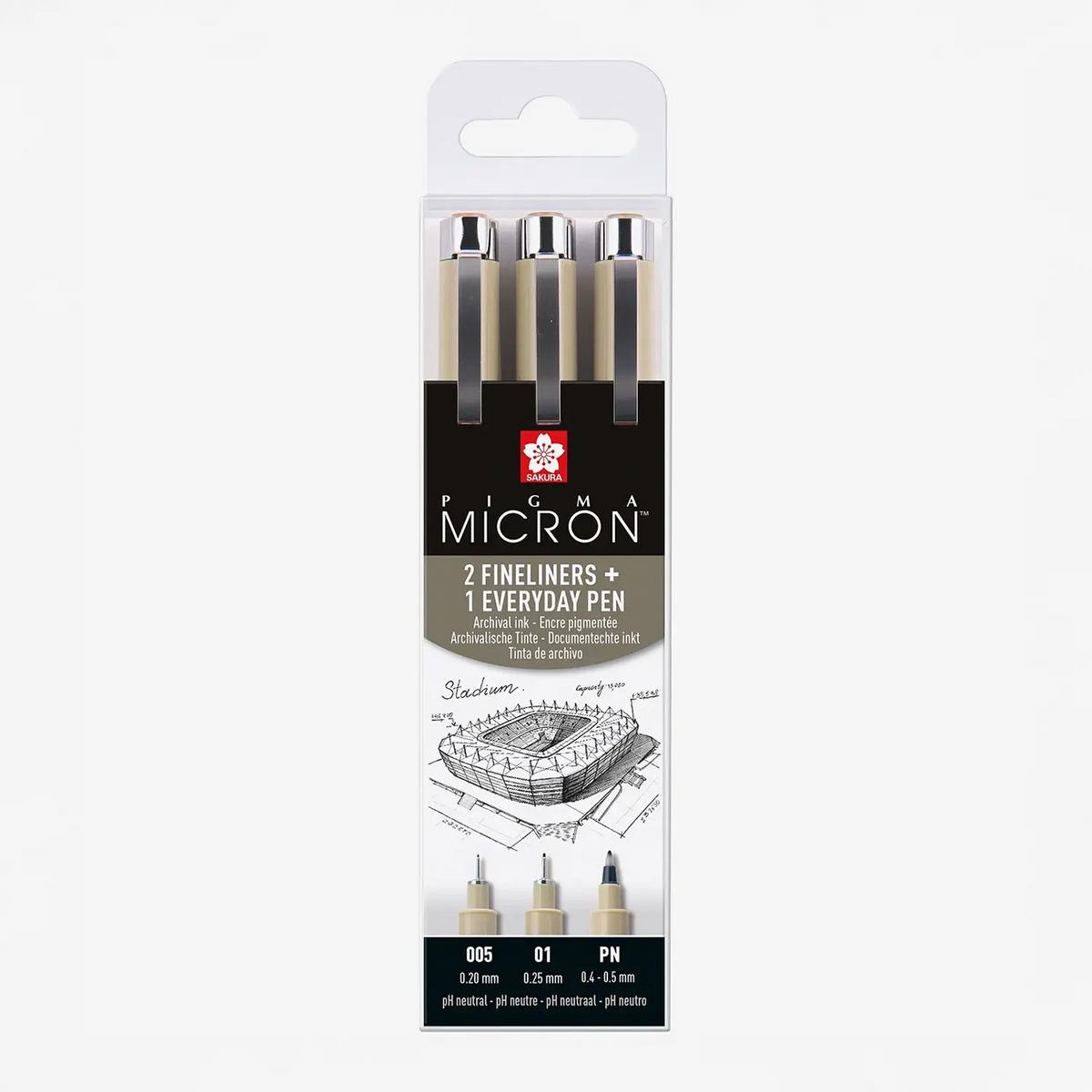 Sakura-Micron-Architektur-Set-3-Finelinern-Farbe-Schwarz-Strichstaerke-005-01-PN-Produktansicht-in-Verpackung