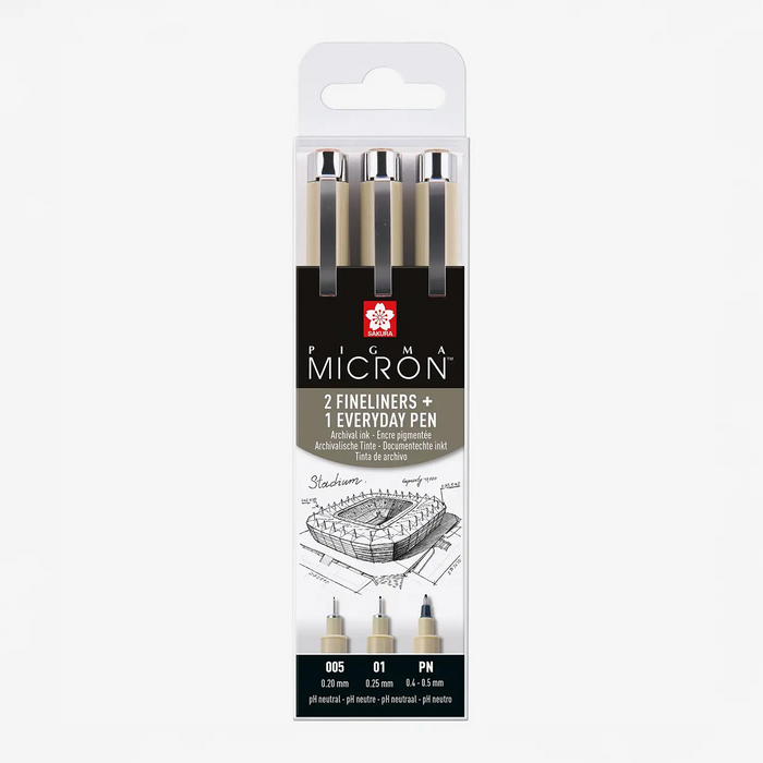 Sakura-Micron-Architektur-Set-3-Finelinern-Farbe-Schwarz-Strichstaerke-005-01-PN-Produktansicht-in-Verpackung
