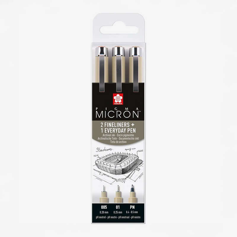 Sakura-Micron-Architektur-Set-3-Finelinern-Farbe-Schwarz-Strichstaerke-005-01-PN-Produktansicht-in-Verpackung