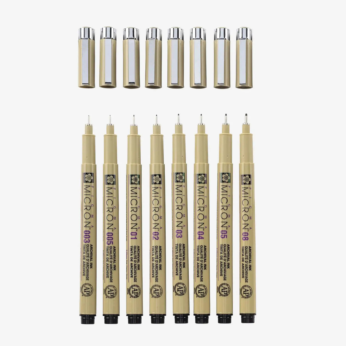 Sakura-Micron-Set-8-Finelinern-Farbe-Schwarz-Strichstaerke-005-003-01-02-03-04-05-08-Produktansicht-Fineliner