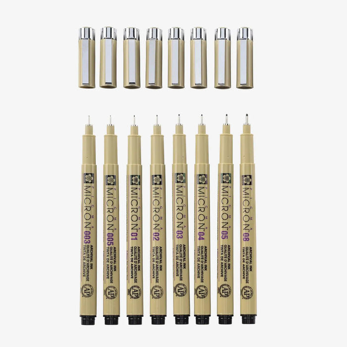 Sakura-Micron-Set-8-Finelinern-Farbe-Schwarz-Strichstaerke-005-003-01-02-03-04-05-08-Produktansicht-Fineliner