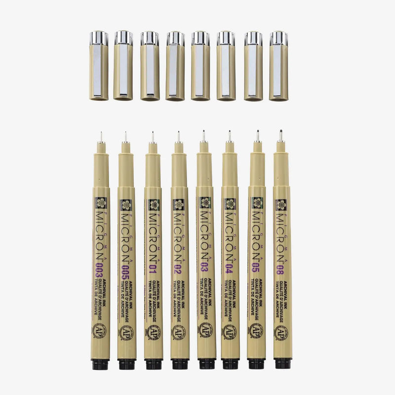Sakura-Micron-Set-8-Finelinern-Farbe-Schwarz-Strichstaerke-005-003-01-02-03-04-05-08-Produktansicht-Fineliner