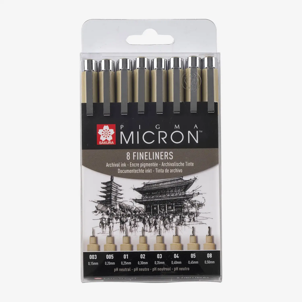 Sakura-Micron-Set-8-Finelinern-Farbe-Schwarz-Strichstaerke-005-003-01-02-03-04-05-08-Produktansicht-in-Verpackung