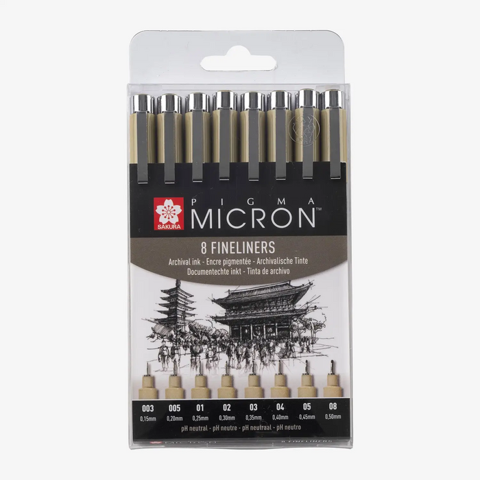 Sakura-Micron-Set-8-Finelinern-Farbe-Schwarz-Strichstaerke-005-003-01-02-03-04-05-08-Produktansicht-in-Verpackung