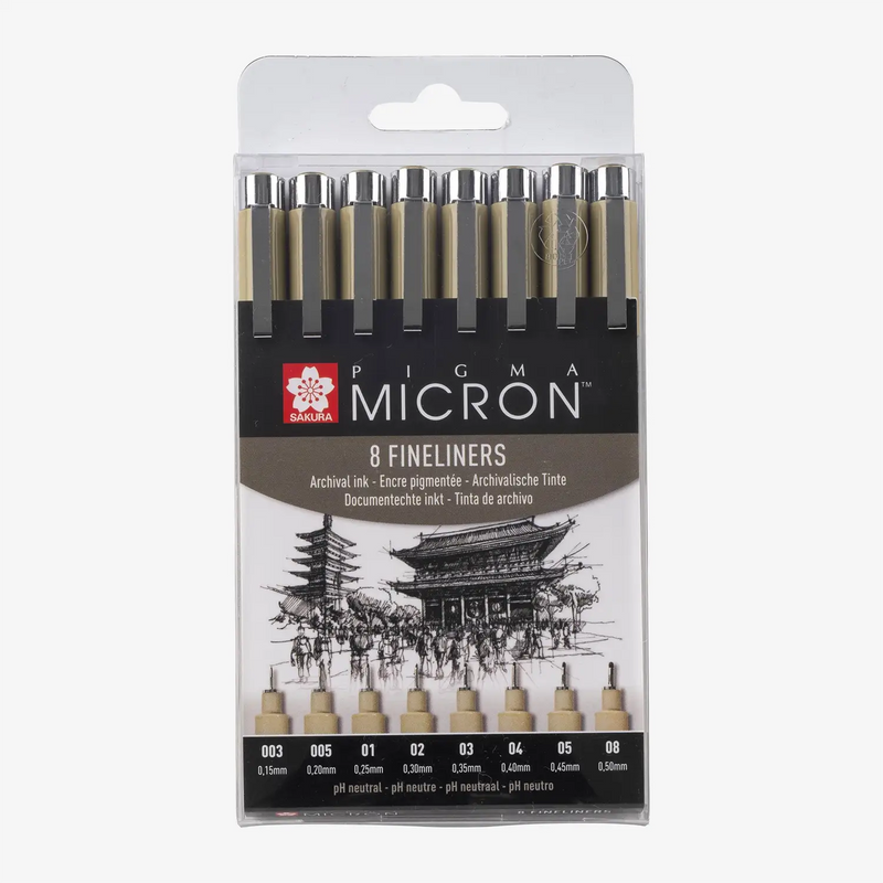 Sakura-Micron-Set-8-Finelinern-Farbe-Schwarz-Strichstaerke-005-003-01-02-03-04-05-08-Produktansicht-in-Verpackung
