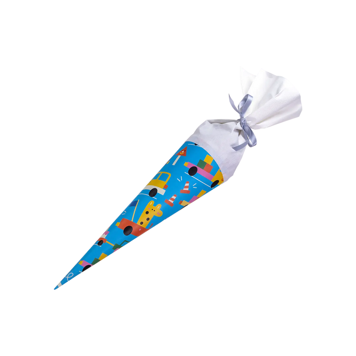 Schultuete-35cm-Beeb-autos-mit-süssen tieren-mit-weißer-tülle-und-satinband-1