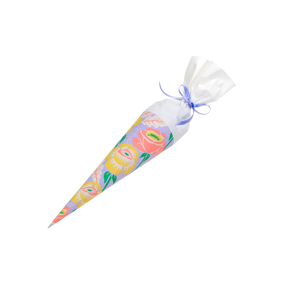 Schultuete-35cm-Blütten- neon-mit-weißer-tülle-und-satinband-1