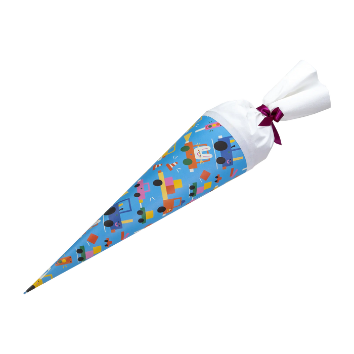 Schultuete-50cm-Beeb-autos-mit-süssen-tieren-mit-weißer-tülle-und-satinband-1