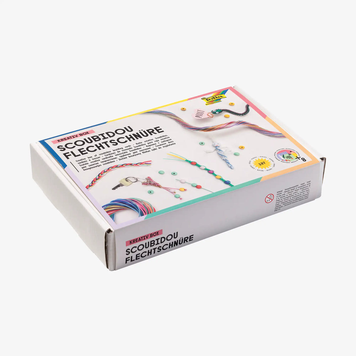 Scoubidou-Flechtschnuere-KREATIV-BOX-150-Flechtschnuere-und-Zubehoer-197-Teile-Produktansicht-Verpackung-seitlich-vorn
