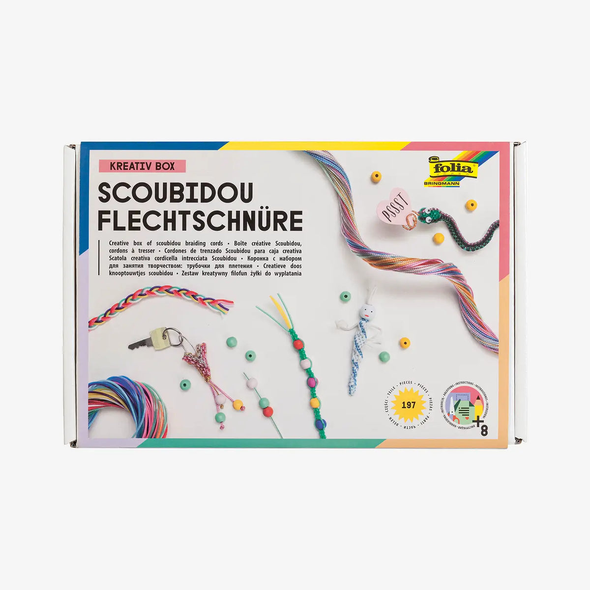 scoubidou-Flechtschnuere-KREATIV-BOX-150-Flechtschnuere-und-Zubehoer-197-Teile-Produktansicht-Verpackung-vorn