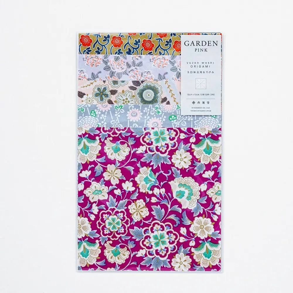 Shogado-Origami-Set-GARDEN-PINK-10Blaetter-5Motive-x2-Origam-iaus-Yuzen-Papier-Format-15cm-x-15cm-verpackung-von-vorn