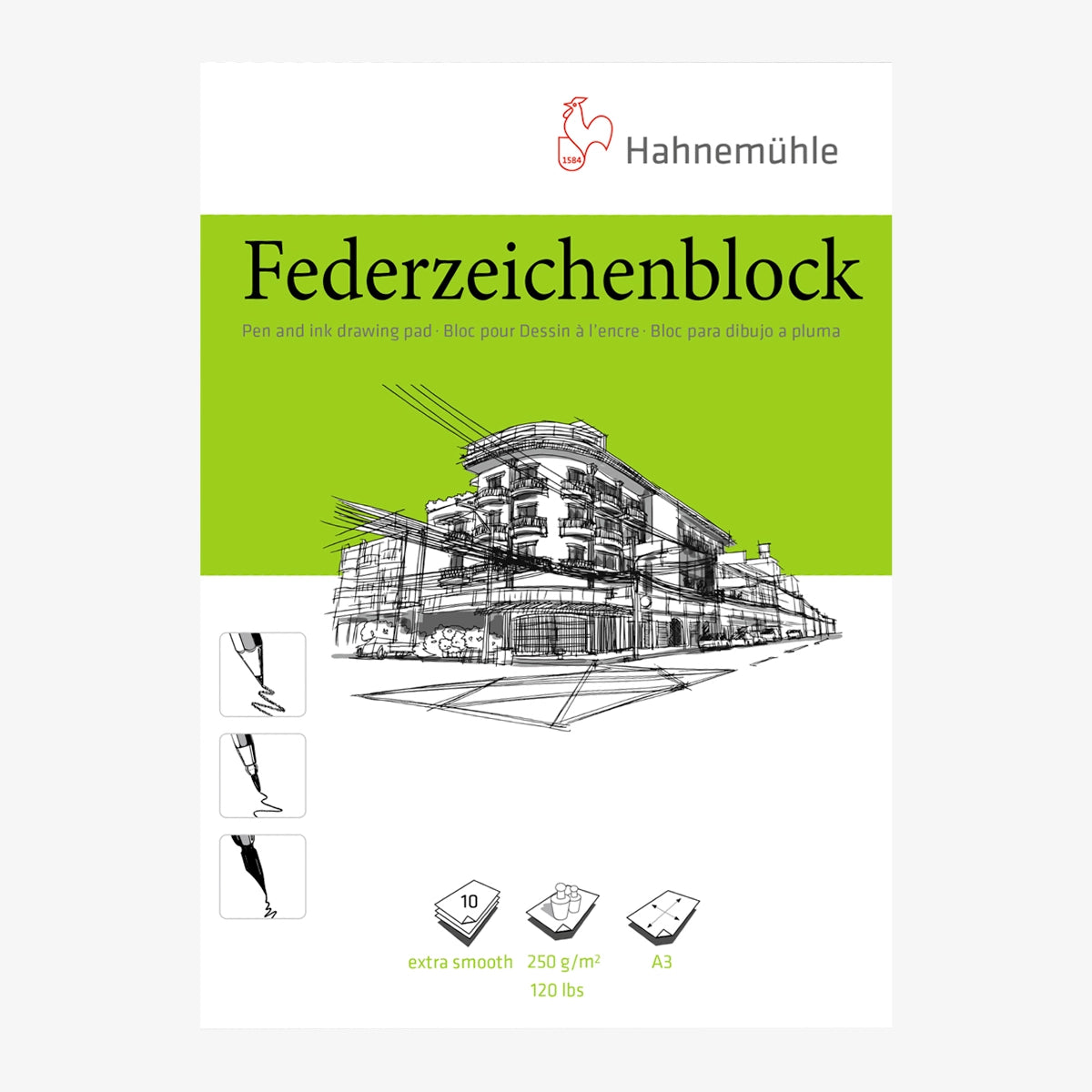 Skizzenblock-Federzeichenblock-HAhnemuehle-_250grm_-Naturweiss-_extrem-_glatt-10-Blatt-A3-Produktansicht-cover-vorn